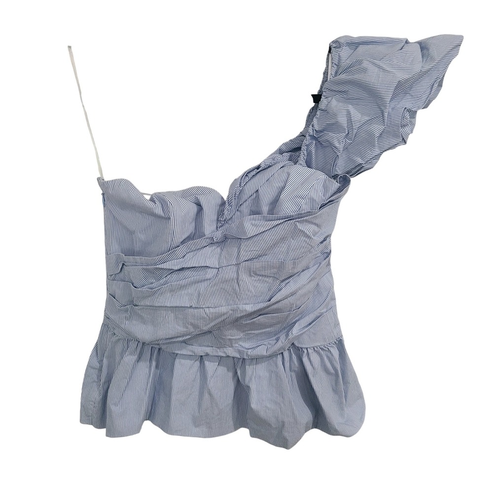 White House Black Market Blue Pinstripe One Shoulder Ruffle Peplum Top Size 8‎